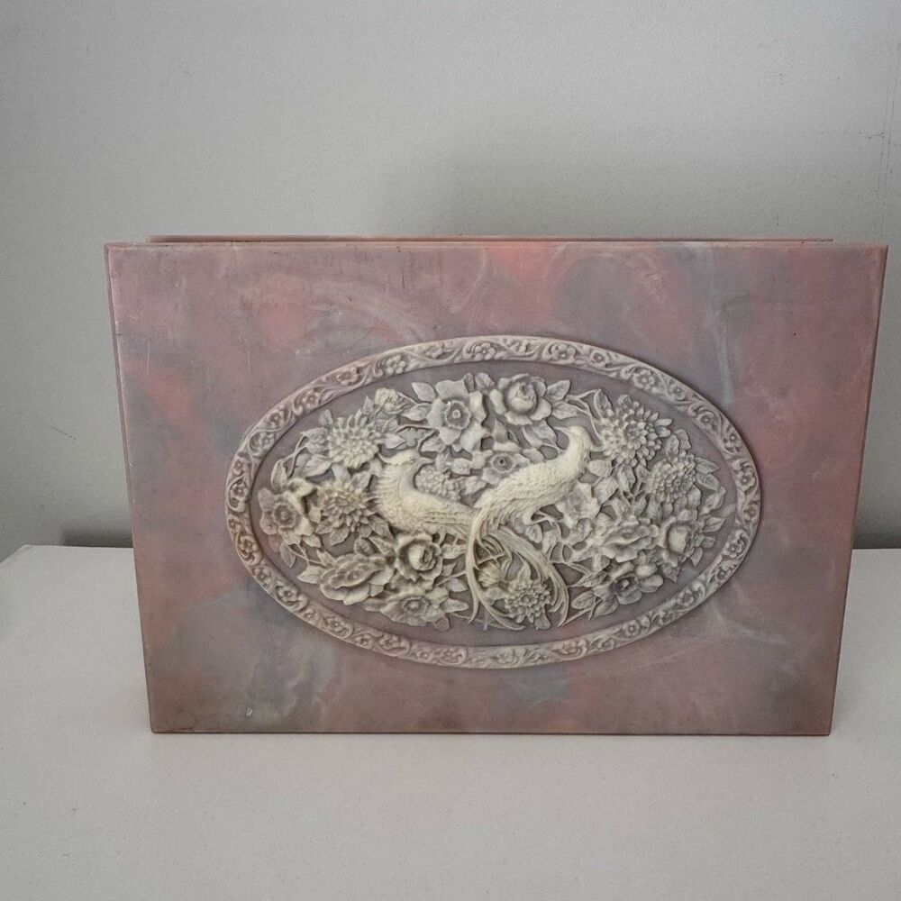 Vtg Hand Carved Stone Decorative Jewelry Box Ornate Peacock Floral Motif Large - Picture 2 of 12